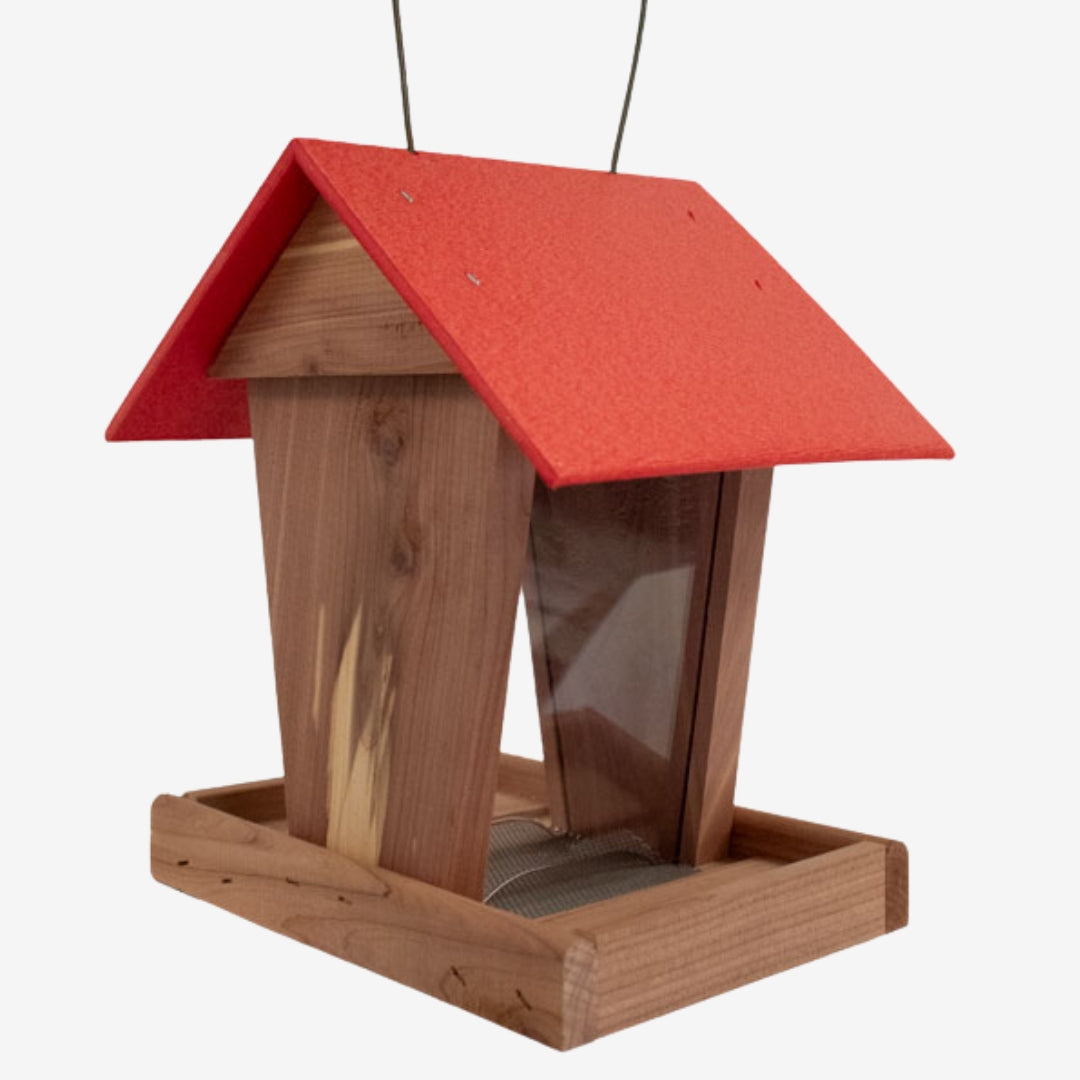 Handmade Amish Cedar and Recycled Plastic Hopper Bird Feeder with a red roof, built for durability and eco-friendly bird feeding